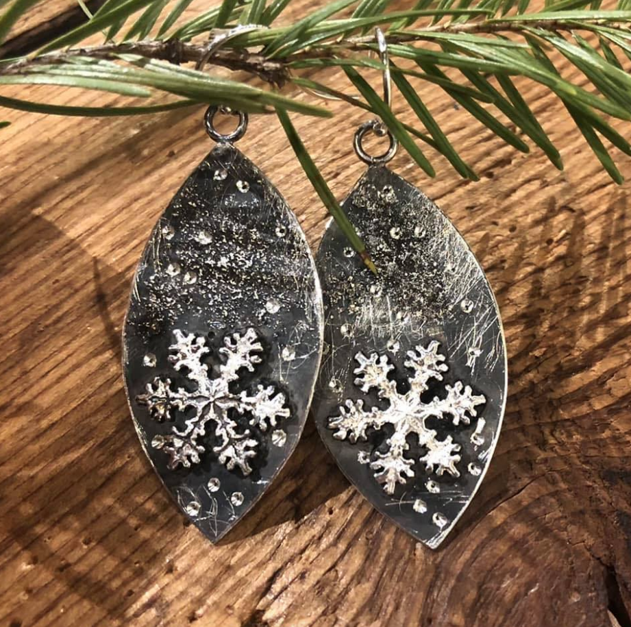Snowflake earrings made by local artist Arleigh from ADK Jewellery